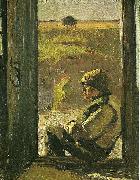 Viggo Johansen blinde- christian siddende i doren til sit hus USA oil painting artist